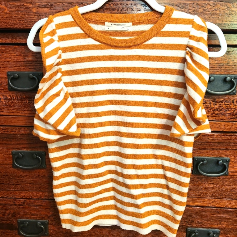 Anthropologie Ruffled Sleeve, Striped Knit Top - Picture 1 of 7